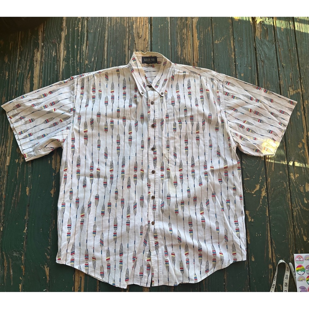 Vintage Keeler‎ Bay Mens Large White Nautical Oar Paddle Print Cotton SS Shirt